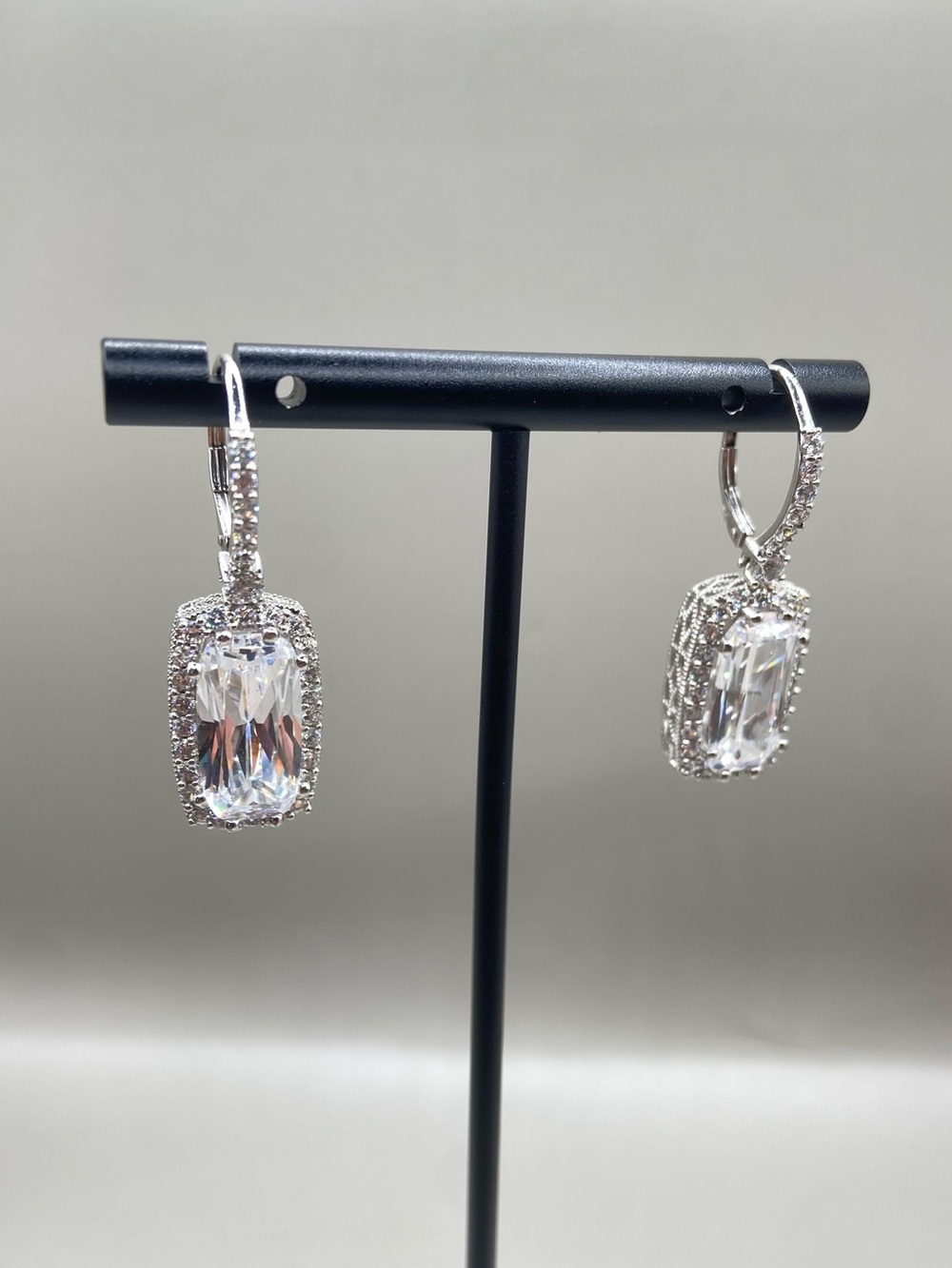 Stauer Sterling Silver Emerald Cut Cubic Zirconia Halo Lever Back Earrings